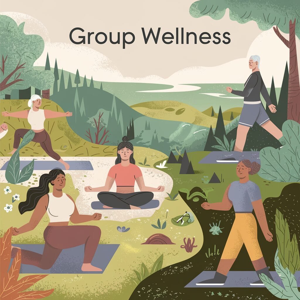 Illustration de cinq femmes de toutes origines faisant de l'exercice en plein air sur des tapis de yoga dans un parc verdoyant et vallonné. Une femme médite en tailleur, d'autres s'étirent ou marchent. Des arbres luxuriants et des collines au loin apparaissent en arrière-plan. Le texte ci-dessus indique « Bien-être en groupe ». - Bravadenn