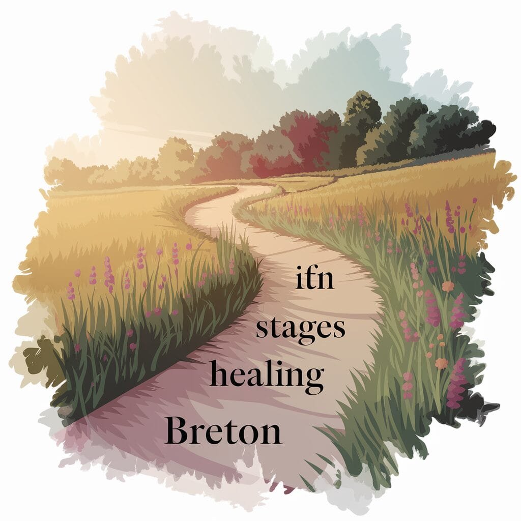 Un chemin sinueux serpente à travers des champs herbeux et ensoleillés, parsemés de fleurs sauvages. Des arbres bordent l'horizon sous un ciel doux et nuageux. Le texte superposé indique : « itfn stages healing Breton ». La scène évoque la tranquillité et la nature. - Bravadenn